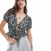 Brave Soul Puff Sleeve Tie Front Floral Top In Black For Women -Deals Modezzle Store 206940859 1 black