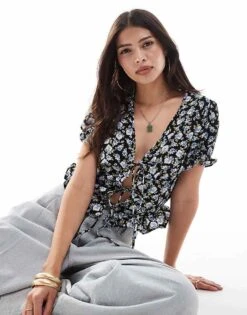 Brave Soul Puff Sleeve Tie Front Floral Top In Black For Women -Deals Modezzle Store 206940859 3