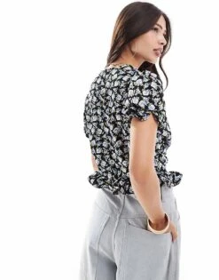 Brave Soul Puff Sleeve Tie Front Floral Top In Black For Women -Deals Modezzle Store 206940859 4