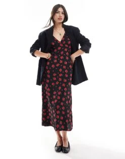 Brave Soul Floral V Neck Midi Dress With Frill Sleeves In Red & Black For Women