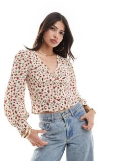 Brave Soul V Neck Floral Long Sleeve Blouse In Cream And Red For Women -Deals Modezzle Store 206940880 1 cream 1