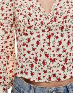 Brave Soul V Neck Floral Long Sleeve Blouse In Cream And Red For Women -Deals Modezzle Store 206940880 3