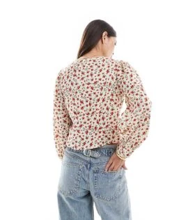 Brave Soul V Neck Floral Long Sleeve Blouse In Cream And Red For Women -Deals Modezzle Store 206940880 4