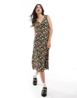 Brave Soul V Neck Floral Print Midi Dress In Black For Women