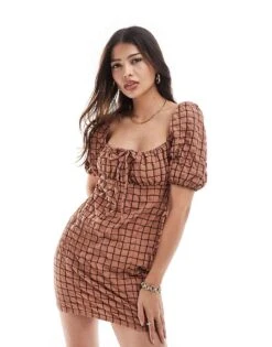 Brave Soul Puff Sleeve Seersucker Gingham Print Mini Dress In Tan For Women -Deals Modezzle Store 206940919 1 tan 1