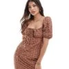 Brave Soul Puff Sleeve Seersucker Gingham Print Mini Dress In Tan For Women -Deals Modezzle Store 206940919 1 tan