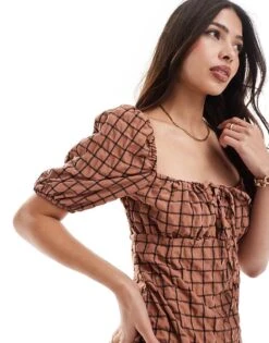 Brave Soul Puff Sleeve Seersucker Gingham Print Mini Dress In Tan For Women -Deals Modezzle Store 206940919 3