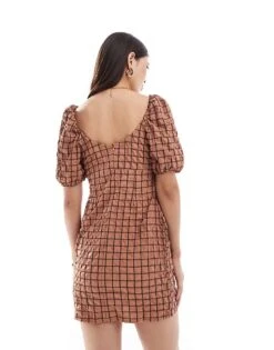 Brave Soul Puff Sleeve Seersucker Gingham Print Mini Dress In Tan For Women -Deals Modezzle Store 206940919 4