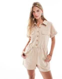 Brave Soul Linen Utility Style Playsuit In Stone With Tie Waist Detail For Women