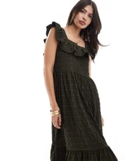 Brave Soul Seersucker Maxi Dress In Khaki Gingham Print With Tie Back Detail For Women