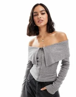 Brave Soul Long Sleeve Off Shoulder Zip Front Jumper In Grey For Women Grey Marl
