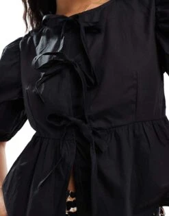 Brave Soul Short Sleeve Tie Front Blouse In Black For Women -Deals Modezzle Store 206967273 3