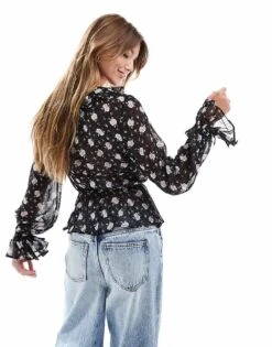 Brave Soul Long Sleeve Floral Print Blouse In Black And Pink For Women Black Floral -Deals Modezzle Store 206967275 4