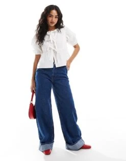 Brave Soul Short Sleeve Tie Front Blouse In White For Women