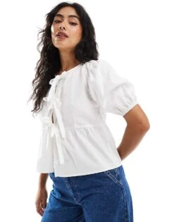 Brave Soul Short Sleeve Tie Front Blouse In White For Women -Deals Modezzle Store 206967416 3