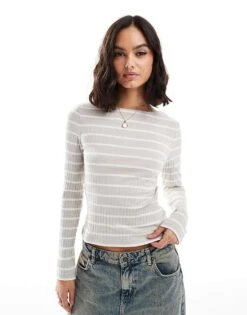 Brave Soul Long Sleeve Boat Neck Top In Grey And White Stripe For Women Moonstruck & White