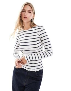 Deals Modezzle Store 22 Brave Soul Long Sleeve Lettuce Hem Top In Cream And Navy Stripe For Women Cream & Navy