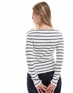 Brave Soul Long Sleeve Lettuce Hem Top In Cream And Navy Stripe For Women Cream & Navy -Deals Modezzle Store 206967464 4