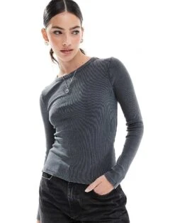 Brave Soul Long Sleeve Acid Wash Top In Charcoal Grey For Women Charcoal Acid Wash