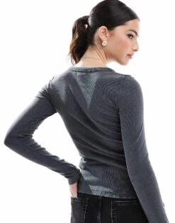 Brave Soul Long Sleeve Acid Wash Top In Charcoal Grey For Women Charcoal Acid Wash -Deals Modezzle Store 206967483 4