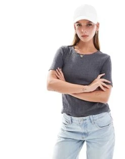 Brave Soul Ribbed T-shirt In Charcoal For Women