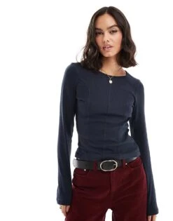 Brave Soul Long Sleeve Rib Top In Charcoal For Women