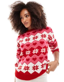 Brave Soul Crew Neck Jumper In Christmas Snowflake Print In Red For Women