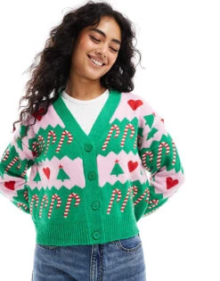 Brave Soul Knit Button Through Christmas Cardigan In Green And Pink For Women