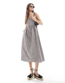 Brave Soul Brown And White Check Seersucker Midi Dress For Women