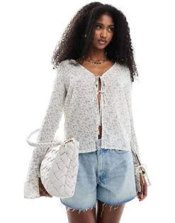 Brave Soul Tie Front Ditsy Print Blouse In Off White For Women -Deals Modezzle Store 207402104 1 offwhite 1