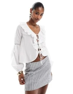 Brave Soul Ruffle Front Long Sleeve Blouse In White For Women