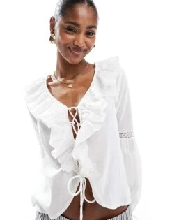 Brave Soul Ruffle Front Long Sleeve Blouse In White For Women -Deals Modezzle Store 207402138 4