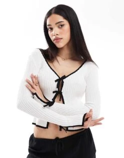 Brave Soul Tie Front Cardigan With Contrast Detail In Cream And Black For Women