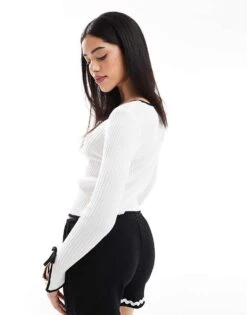 Brave Soul Tie Front Cardigan With Contrast Detail In Cream And Black For Women -Deals Modezzle Store 207876455 4