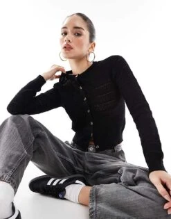 Brave Soul Crew Neck Cardigan With Stitch Detail In Black For Women