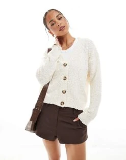 Brave Soul Textured V-neck Cardigan In Cream For Women