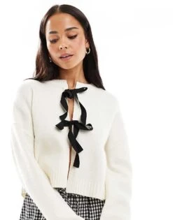 Brave Soul Cardigan With Bow Front Ties In Cream And Black For Women