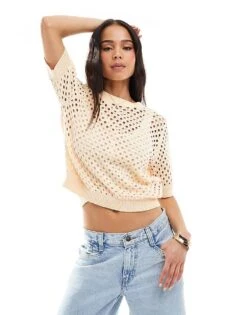 Brave Soul Crew Neck Crochet Knit T-shirt In Peach For Women Yellow -Deals Modezzle Store 207876543 1 yellow 1