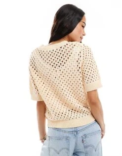 Brave Soul Crew Neck Crochet Knit T-shirt In Peach For Women Yellow -Deals Modezzle Store 207876543 4