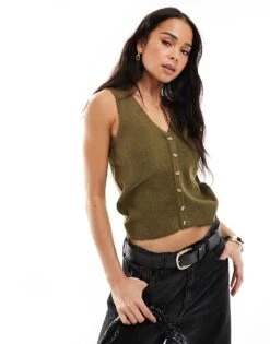 Brave Soul Sleeveless Knitted Vest With Contrast Buttons In Khaki For Women
