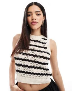 Brave Soul Knitted Vest In Black And Stone Stripe For Women