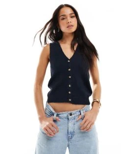 Brave Soul Sleeveless Knitted Vest With Contrast Buttons In Navy For Women