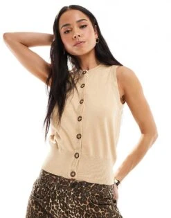 Brave Soul Sleeveless Knitted Vest With Contrast Buttons In Camel For Women Biscuit