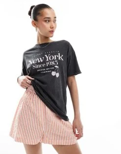 Brave Soul New York Print T-shirt In Charcoal Grey For Women