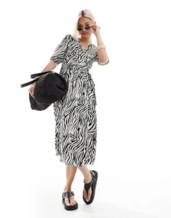 Brave Soul Midi Wrap Dress With Puff Sleeves In Zebra Print For Women Black -Deals Modezzle Store 208284111 1 black 1