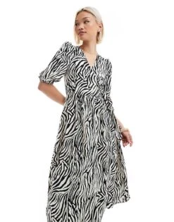 Brave Soul Midi Wrap Dress With Puff Sleeves In Zebra Print For Women Black -Deals Modezzle Store 208284111 3