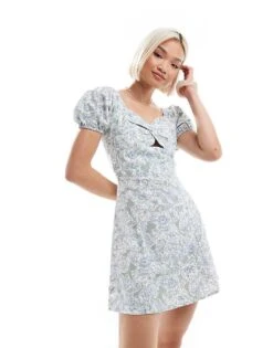 Brave Soul Puff Sleeve Mini Dress With Linen In Green Floral Print For Women