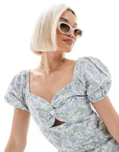 Brave Soul Puff Sleeve Mini Dress With Linen In Green Floral Print For Women -Deals Modezzle Store 208284168 4