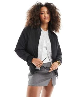 Brave Soul Ruched Sleeve Oversized Bomber Jacket In Black For Women