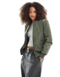 Brave Soul Ruched Sleeve Oversized Bomber Jacket In Khaki For Women